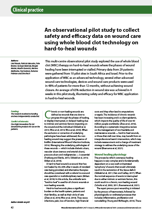 An Observational Pilot Study To Collect Safety And Efficacy Data On Wound Care Using Whole Blood Clot Technology On Hard-To-Heal Wounds