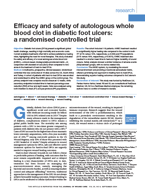 A Multicenter, Prospective, Randomized, Controlled, Trial, Comparing the Safety and Efficacy of Autologous Whole Blood Clot to Standard of Care in Patients with Chronic Diabetic Foot Ulcers