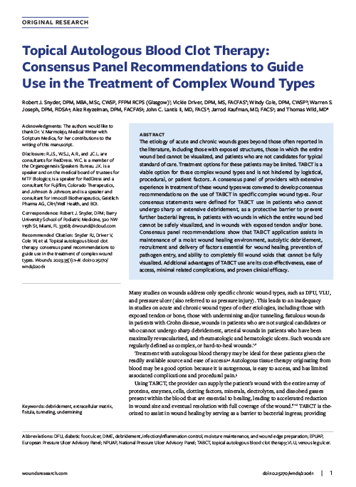 Topical Autologous Blood Clot Therapy: An Introduction and Development of Consensus Panel To Guide Use In The Treatment of Complex Wound Types