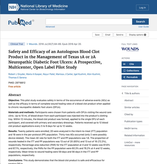 Safety And Efficacy Of An Autologous Blood Clot Product In The Management Of Texas 1A Or 2A Neuropathic Diabetic Foot Ulcers: A Prospective, Multicenter, Open Label Pilot Study