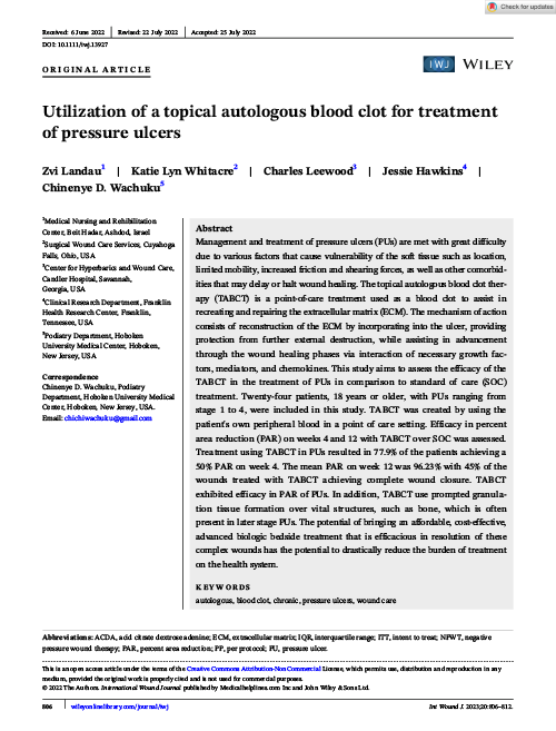 Utilization of A Topical Autologous Blood Clot for Treatment of Pressure Ulcers