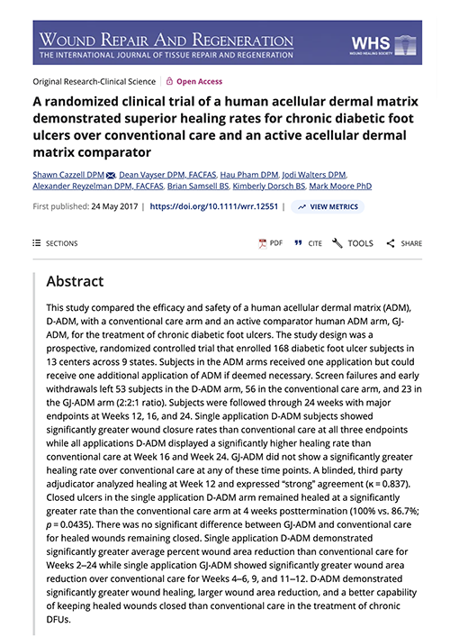 A Randomized Clinical Trial of a Human Acellular Dermal Matrix Demonstrated Superior Healing Rates for Chronic Diabetic Foot Ulcers Over Conventional Care and an Active Acellular Dermal Matrix Comparator